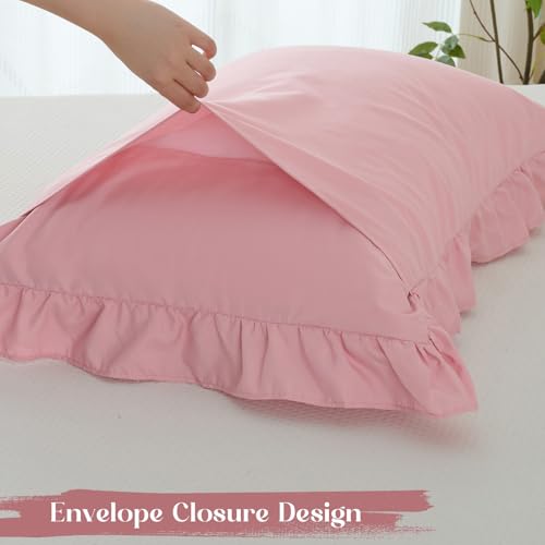 Image of Homiest 3-Pieces Ruffle Pillow Case & Fitted Sheet Set, Light Pink Queen Sheets with 2 Ruffled Pillow Shams, 15 Inch Deep Pocket, Cute & Coquette Microfiber Bed Set for Decorating Bedroom Hotel