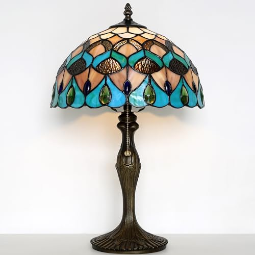 Image of Tiffany Table Lamp 19 inch Stained Glass Reading Lamp Blue Phoenix Style