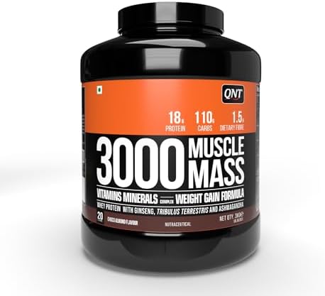 QNT Muscle Mass 3000 | Weight Gainer Protein Powder | 3Kg | Choco Almond Flavour | 20 Servings | High-Calorie Muscle Gainer for Men & Women | Supports Muscle Growth & Recovery