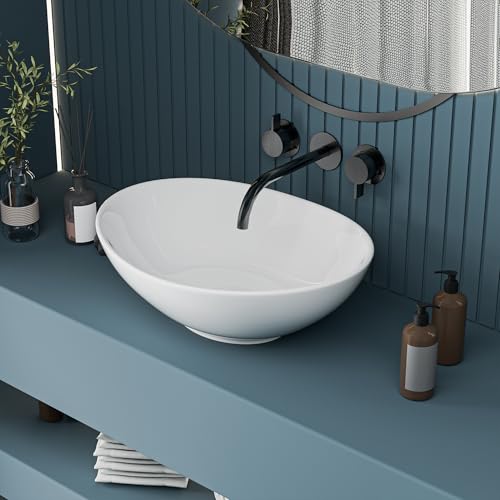 Image of LUXART Tabletop Wash Basin For Bathroom - 17 x 10 x 6.5 Inc Ceramic Glossy White Countertop Washbasin | Vessel Sink For Hotel, Dining Hall, Vanity | Over counter Top Washroom Sink