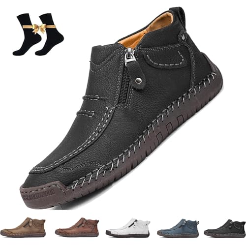 Zenfaze Orthopedic Shoes for Men,Zenfaze Men's Leather Handmade Platform Shoes High Top Chukka Boots Fashion Round Toe Side Zipper Chelsea Slip On Loafers for Driving Hiking