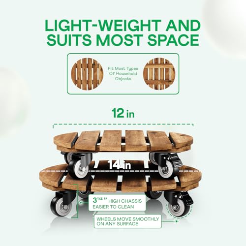 Idzo Combo 12 Inch and 14 Inch Acacia Wood Rolling Round Planter Caddies for Plant Pots, Heavy Duty Plant Stand with 360° Lockable Wheels, 264 lbs Capacity Caddy for Indoor and Outdoor Use, Golden Teak by IDZO - Used condition - Image 5