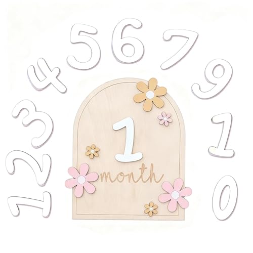 JOOTUEPO 1 Pcs Carte Milestone Mensili per Bambini con Punti di Colla Stile Floreale Pietre Miliari in Legno Accessori per Bambini da 0-12 Mesi Decorazioni Fotografiche per Festa di Crescita