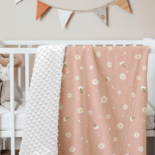 Image of SANDJEST Daisy Minky Muslin & Dotted Blanket 30x40 in Gift for Holiday, Gender Reveal Party, Hospital Visit, Baptism