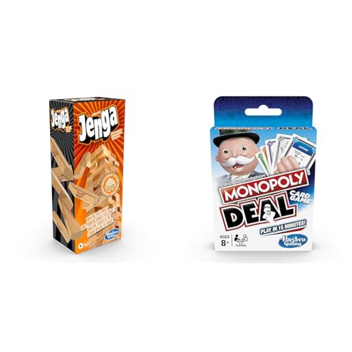 Hasbro Gaming Jenga Classic, Children's game that promotes reaction speed from 6 years & Monopoly Deal Card Game