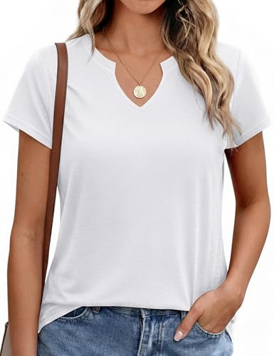 Leversic Womens Tops V Neck Casual T-Shirt Short Sleeve Plain Color Summer Tunic Tops Basic Tee(White,L)