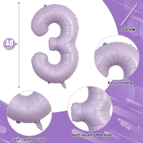 Image of Large Dusty Pastel Purple 3 Balloons, 40 Inch Giant Light Purple Helium Mylar Foil Globos Numero for Girls, Self Inflating 3rd Birthday Balloon for Women Three Anniversary Party Decorations Supplies