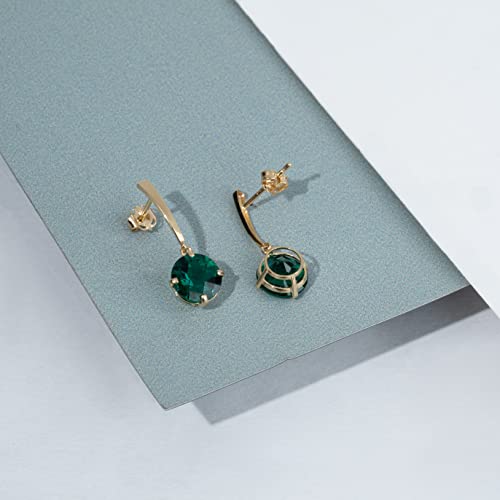 14K Yellow Gold Solitaire Created Green Emerald Round Drop Dangle Earrings For Women 8Mm May Birthstone With Push Backs By Max + Stone #TOP4