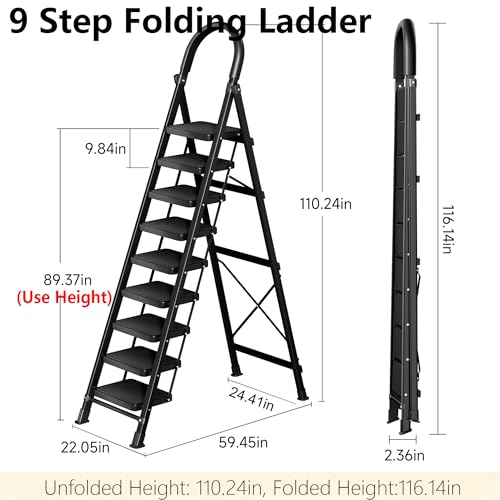 Image of 9 Step Folding Ladder,Portable Sturdy Carbon Steel Ladder for Home & Kitchen Use,Heavy - Duty Step Stool with Anti - Slip Pedal and Handrails,Black