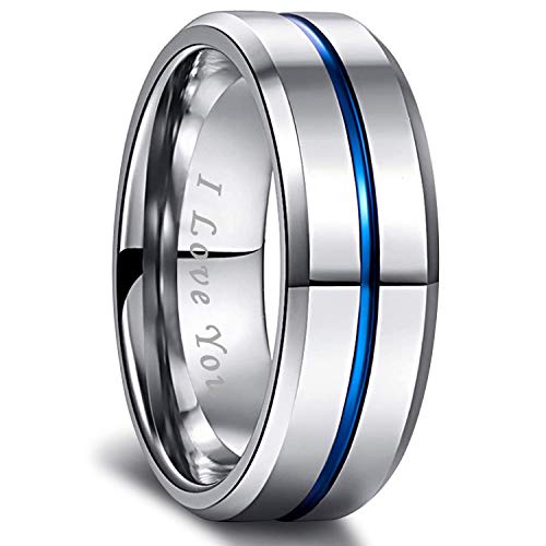 Greenpod 8MM Tungsten Carbide Rings Silver Blue High Polished Beveled Edge Wedding Band for Men...
