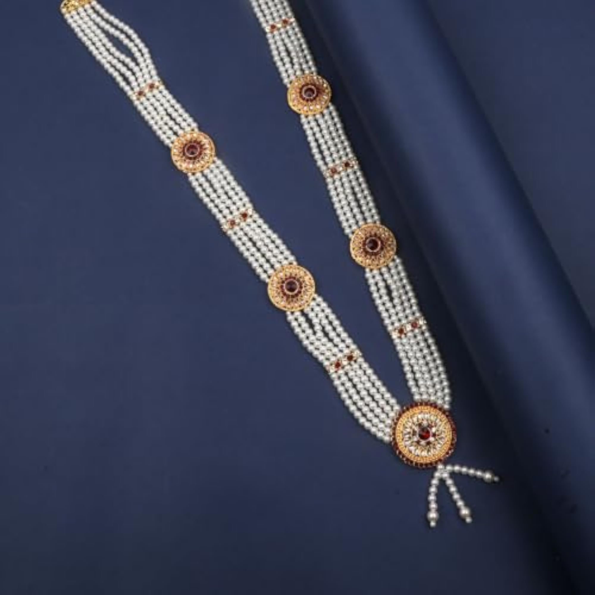 Five Layer Pearl Mala Necklace with Red Stone Floral Motifs