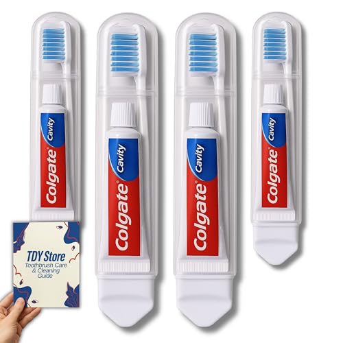 Travel Toothbrush Set of 4 Including TDY Store Toothbrush Care & Cleaning Guide - Foldable Toothbrush - Portable Toothbrush Set with Toothpaste - Compact Toothbrush Set with Mini Toothpaste