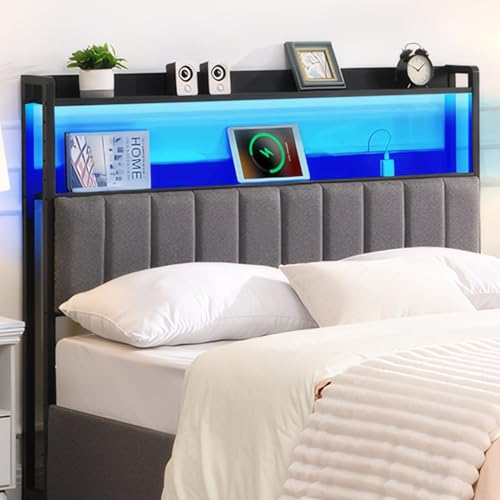 Image of anwickjeff Headboard for Queen Size Bed with 2-Tier Storage, Upholstered Headboards with Outlets, USB Ports and LED Light,Head Board Only, Height Adjustable, Sturdy and Stable (Queen)