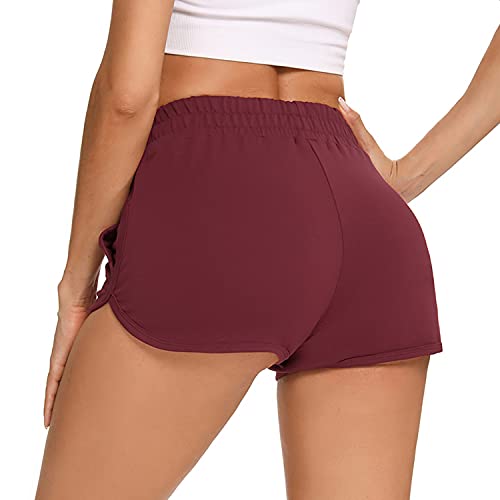 Wayleb Pantalones Cortos Deportivos Mujer Verano Algodón Shorts Chandal Deporte Elástico Alta Cintura Transpirable Yoga Playa Entrenamiento,Vino Rojo(con Bolsillo),S