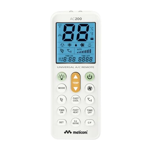 Meliconi AC 200 Telecomando Universale per Condizionatori/Climatizzatori Compatibile con la Maggior Parte dei Marchi, con Schermo Retroilluminato e Funzione Torcia, bianco, 802102