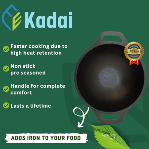 Image of EARTHFIT Cast Iron Kadai 8 Inches with Twin Handles | Durable Iron Kadhai for Cooking and Deep Frying | Pre-Seasoned Kadai Cast Iron for Healthy Cooking