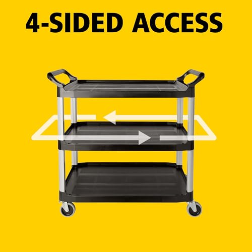 Image of Rubbermaid Commercial Products Heavy Duty 3-Shelf Rolling Service /Utility /Push Cart, 300 lbs. Capacity, Black, for Restaurant /Cleaning /Office use (FG409100BLA)