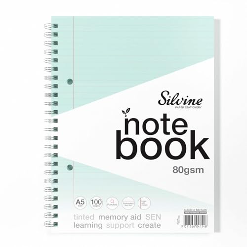 Silvine A5 Blue Paper Dyslexia Notebook | 100 Wirebound Pages, 80gsm Tinted Paper for SEN Supportive Learning & Memory Aid