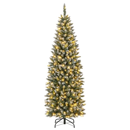Goplus 6ft Pre-Lit Artificial Pencil Christmas Tree, Hinged Slim Xmas