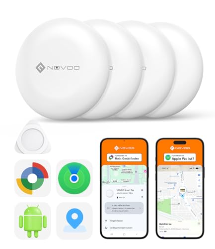 NOVOO Air Tag Schlüsselfinder Smart Tracker Kompatibel mit Apple Wo ist? APP(iOS) oder Google,Mein Gerät Finden”APP(Android) Bluetooth KeyFinder Austauschbarer Akku für Gepäck,Taschen,Koffer-4er Pack