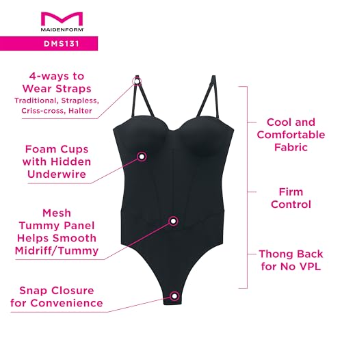 Image of Maidenform Women's Tummy Shaping Thong Bodysuit, Multiway Thong Shaper, Firm Control