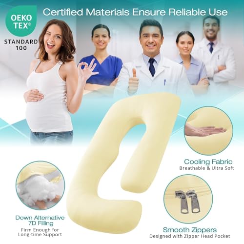 Image of Cooling Pregnancy Pillows for Sleeping, 57'' Full Body Pillow, Light Yellow | Sasttie Maternity Pillow, OEKO-TEX, Down Alternative, Removable Cover, Pregnant Women Must Haves, Maternity Essential