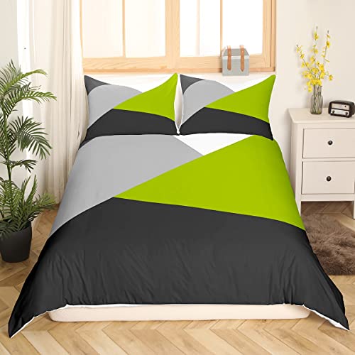 Loussiesd Kids Geometric Abstract Bedding Set Modern Stripe Duvet Cover for Kids Women Men Bedroom Grey Green Triangle Decor Comforter Cover Set Decor Bedspread Cover Single Size With 1 Pillow Case - Image 2