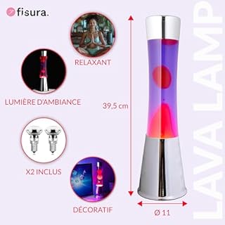 FISURA - Lampe à lave rouge et violette. Base chromée, liquide violet et lave rouge. Lampe d'ambiance originale. Avec ampoule de rechange. 11 cm x 11cm x 39,5 cm.