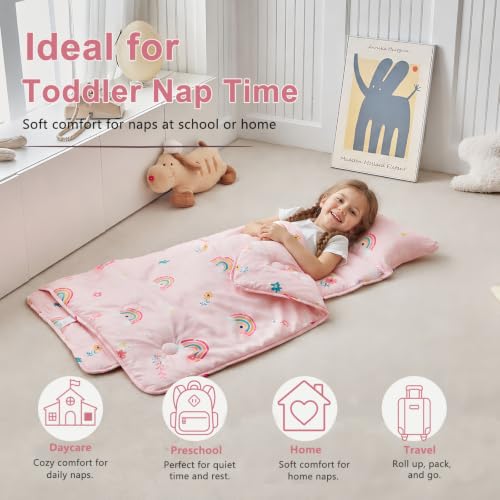 Image of Toddler Nap Mat with Removable Pillow,Ultra Soft Slumber Bags for Girls,Kids Sleeping Bags with Roll Up Design, Perfect for Preschool,Daycare,Kindergarten