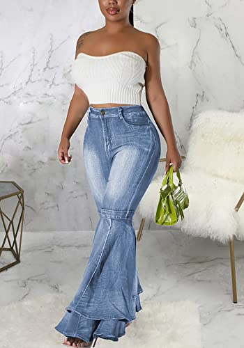 Women's Cute Flare Jeans Pleated Layered Ruffle Bell Hem Wide Leg Denim Pant3
