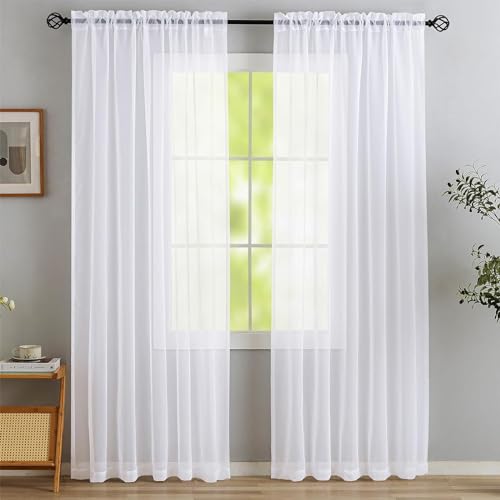 Cortina de Gasa,Juego de 2 Cortinas de Poliéster Transparente, Visillos Blancos de 120 x 140 cm con Cinta de Volantes, para Salón, Dormitorio