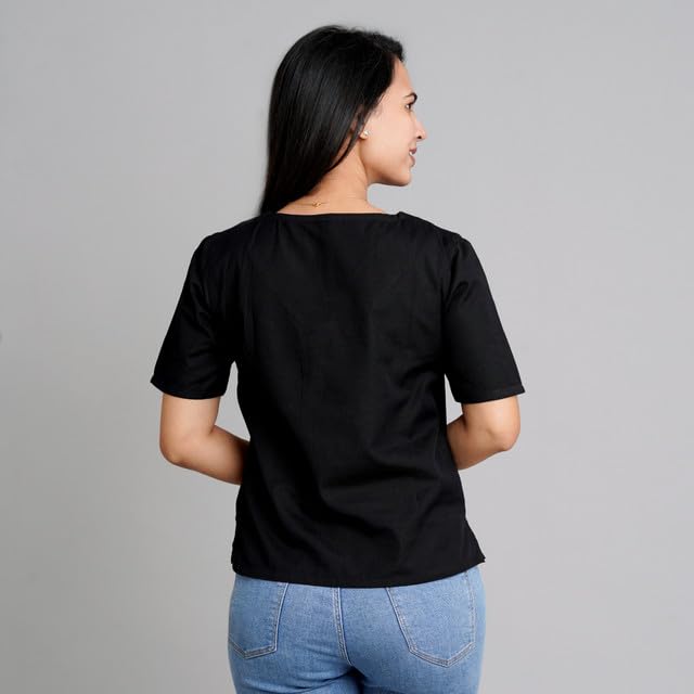 Image of Cotton Linen Regular Fit Half Sleeve Black Casual Wear Top Stylish for Women with Collar and Button Stylization