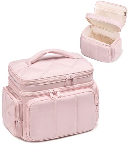 LEDAOU Toiletry Bag for Women,Quilted Travel Makeup Bag Organizer with Double Deck, Large Wide-open Cosmetic Make up Bag for Travel Essentials (Pink Puffy)