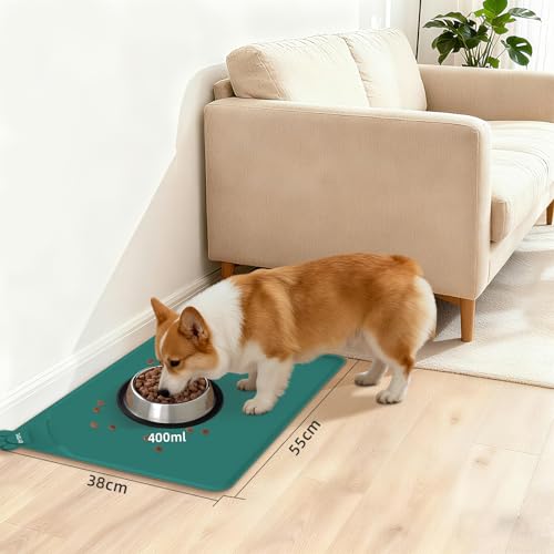Waterproof Dog Feeding Mats with High Lips 55 x 38cm, Silicone Pet Mat, Non-Slip Dog Cat Food Water Mat for Floor Protection, Spill-Proof(GREEN) - Image 4