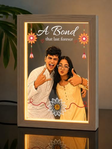 Image of Personalized Raksha Bandhan Acrylic LED Lamp with Custom Photo (Design 5) | Night Light, Brother Sister, Free Rakhi Included, Custom Photo