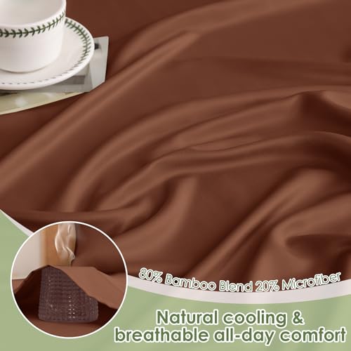 Image of MICORAL Queen Sheet Set, Rayon Derived from Bamboo Cooling Sheets for Queen Size Bed Set, Breathable & Soft, Deep Pocket Up to 16 inch, Hotel Luxury Silky Bedding for Hot Sleepers, Brown