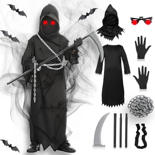 Gozuein Disfraz Muerte Halloween Niño – 7 Piezas con Túnica, Capucha, Guadaña y Gafas Luminosas – Disfraz de la Muerte 5-12 Años para Carnaval, Cosplay y Fiestas Escolares (S)