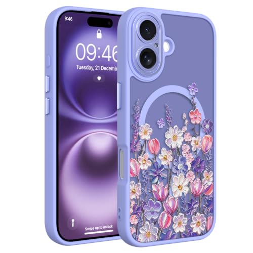 Image of Magnetic for iPhone 16 Case with for Women Girls, Purple Floral | Cute Oil Painting Flower Pattern Design [Compatible with MagSafe] [Full Camera Protection] Translucent Slim Shockproof Cover