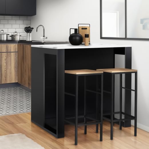 IDMarket – Mesa de bar isla Juno madera negra y bandeja efecto mármol blanco Alaska