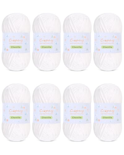 Image of Coopay Chenille Yarn for Crocheting, 8 Pack Medium Weight Yarn - CYC #4 - Total 520yd, Soft Crochet Yarns for Plush Toys, Blankets, Scarves (White)