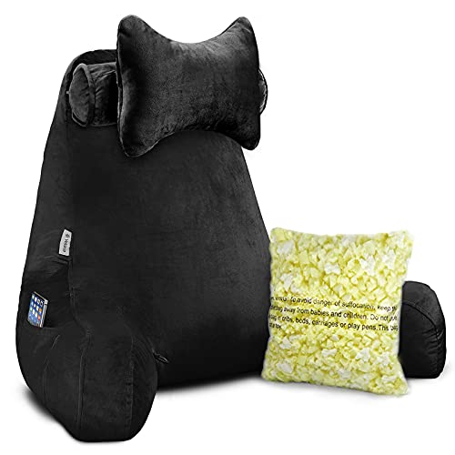 Vekkia Premium Soft Reading & Bed Rest Pillow with Higher Support Arm, Pocket, Free Neck Pillow. Back Support for Reading Relaxing Watching TV - Extra Foam Incl-24”