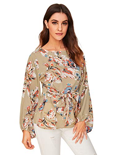 Romwe Women's Floral Print Long Sleeve Self Tie Waist Knot Blouse Top Yellow L #TOP4