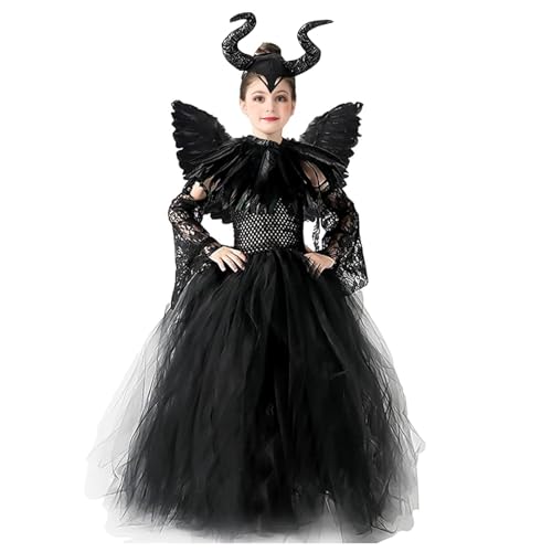 KUJAIS Maléfique Deguisement Halloween Fille: Maleficent Costume Enfant - Méchante Reine Robe avec Corne Et Ailes Noires Cape Ensemble pour Halloween Carnaval Cosplay Tenue De Fête (L (120-135cm))