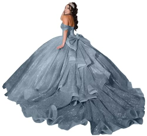 Tulle Quinceanera Dresses Off Shoulder Ball Gown with Bow Sparkly Sweet 16 Dress
