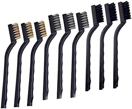 9PCS Mini Wire Brushes, Stainless Steel +Brass +Nylon Brush Set, Curved Handle Scratch Brush for Cleaning Welding Slag and Rust