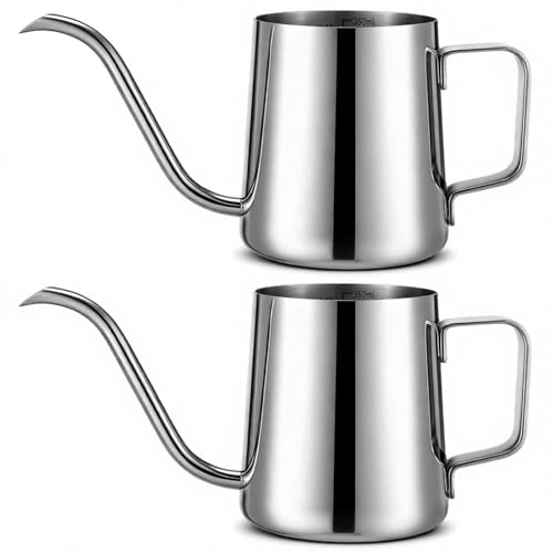 Teecyhooo 2 Pcs 12 oz / 350 ml Watering Can for Indoor Plants, 304 Stainless Steel Small Gooseneck Spout Kettle, Mini Indoor Watering Can with Scale and Long Spout