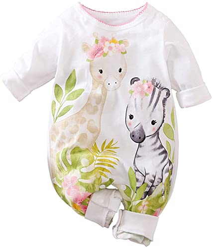 Aoswep - Cute Giraffe + Zebra With Floral Print Long Sleeve Baby Girl Clothes White Jumpsuit baby girl bodysuit (0-3 Months)