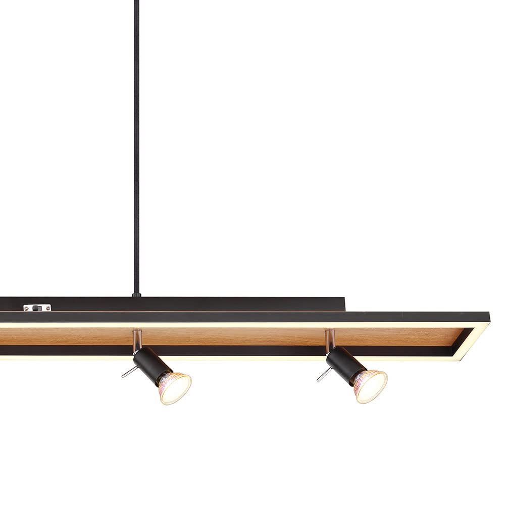 Hängelampe Esstisch Pendelleuchte schwarz Wohnzimmerlampe dimmbar, LED Hängeleuchte 4-flammig Holzoptik Spots schwenkbar, 4x GU10, LxBxH 116x12x120cm