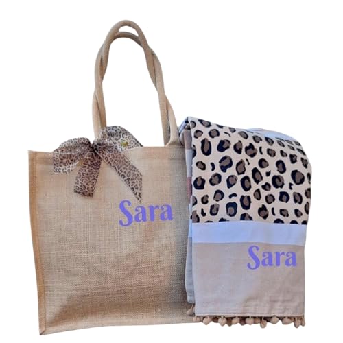 Borsa Mare e Telo Fouta Ricamate. Set spiaggia coordinato donna, borsa in juta e telo mare personalizzabile. Idea regalo (Savana Bis, XL)