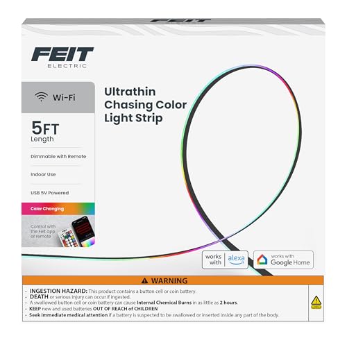 Image of Feit Electric Ultrathin Smart Chasing Color LED Light Strip, 5FT USB Powered, App & Remote Control, Dynamic Multicolor Effects, Compatible with Alexa & Google Home, TAPE60TCOB /RGBUSB /AG